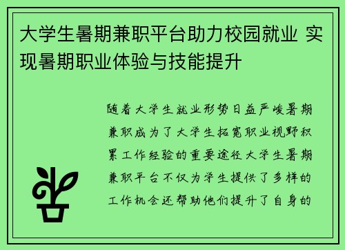 大学生暑期兼职平台助力校园就业 实现暑期职业体验与技能提升