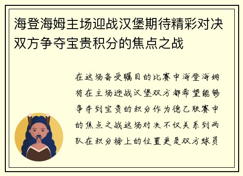 海登海姆主场迎战汉堡期待精彩对决双方争夺宝贵积分的焦点之战