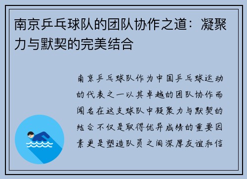 南京乒乓球队的团队协作之道：凝聚力与默契的完美结合