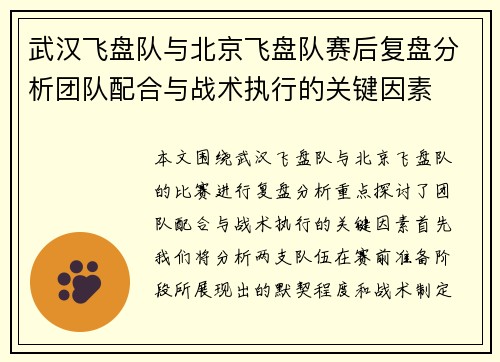 武汉飞盘队与北京飞盘队赛后复盘分析团队配合与战术执行的关键因素