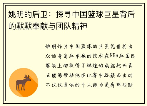 姚明的后卫：探寻中国篮球巨星背后的默默奉献与团队精神