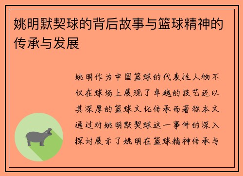 姚明默契球的背后故事与篮球精神的传承与发展
