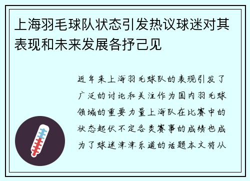 上海羽毛球队状态引发热议球迷对其表现和未来发展各抒己见