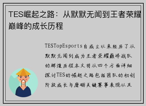TES崛起之路：从默默无闻到王者荣耀巅峰的成长历程