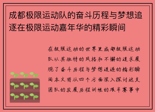 成都极限运动队的奋斗历程与梦想追逐在极限运动嘉年华的精彩瞬间