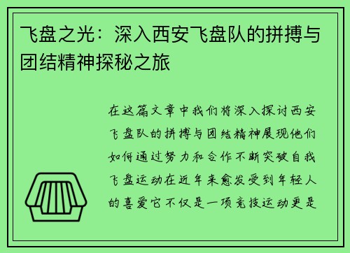飞盘之光：深入西安飞盘队的拼搏与团结精神探秘之旅